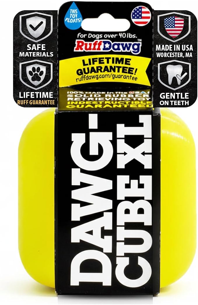 Ruff Dawg Cube XL 3.5 Indestructible Dog Toy, Yellow – Heavy-Duty Rubber Fetch & Chew Toy for Aggressive Chewers – Erratic Bounce, Floats, BPA & Latex Free – Made in USA