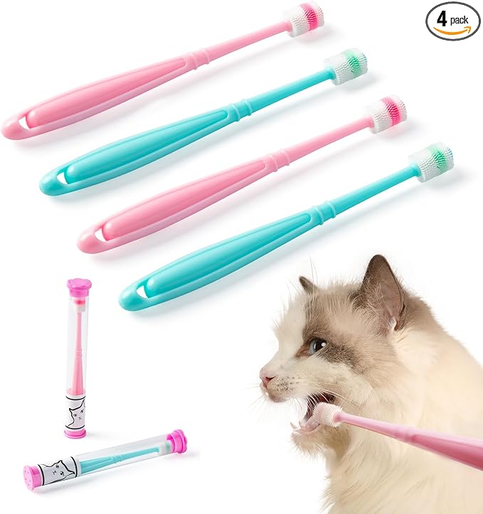 E.M&S.T by Emmeliestella Small Dog & Cat Toothbrush 360 Degree Soft Silicone, Cat Dental Care, Toothbrush Case, Easy to Handle, Independent Packaging, Refill Set, Light Blue&Light Pink 4PCS