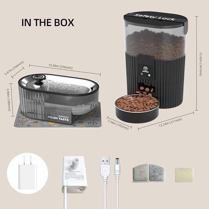 PAPIFEED 2-in-1 Cat Water Fountain and Feeder Combo, Stainless Steel 2.5L Quiet LED Pet Water Fountain (Filter Included) & 3L WiFi App-Controlled Timed Automatic Pet Feeder, for Indoor Multi-Cats Dogs