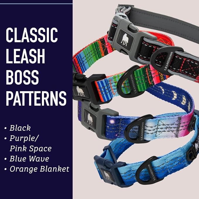 Leash Boss Patterned Reflective Dog Collar, Pattern Collection, Colorful Dog Collar with Triple Reflection Threads for Small, Medium and Large Dogs (Large 16.5"-25" Neck x 1" Wide, Space Pattern)