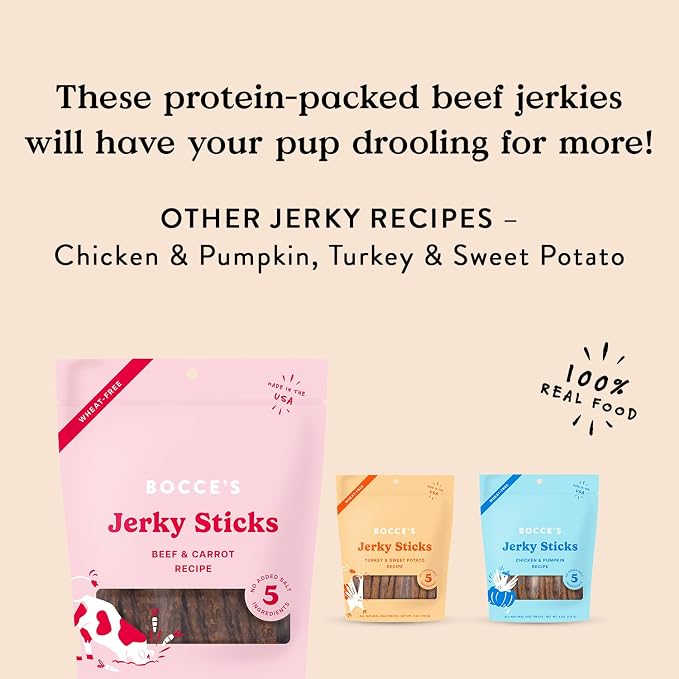 Bocce's Bakery Jerky Stick Dog Treats, Wheat-Free, Made with Limited-Ingredients, Baked in The USA with No Added Salt or Sugar, Natural & High-Protein, Beef & Carrot Recipe, 4 oz
