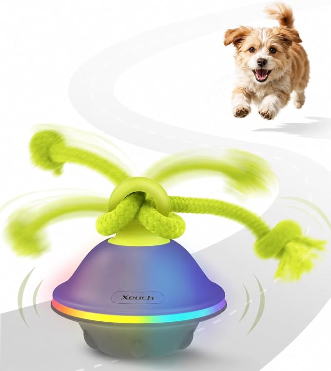 Xeuch Interactive Dog Ball with Rope, Motion Activated Squeaky Ball, Green | 3 Speeds, Bird Chirps, Voice Recording, 7 LED Modes, Type-C Recharge, 4-hour Playtime, Silicone Shell, for Small-medium Dogs