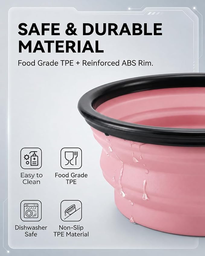 Collapsible Dog Bowls, 2 Pack, with Carabiners, Grey & Pink, Large