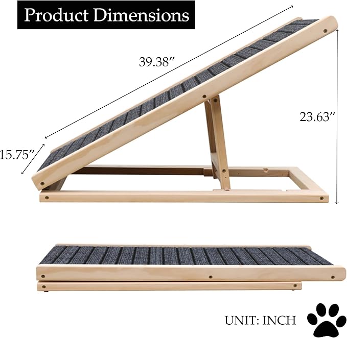 Folding Dog Ramp for Bed, Couch & Car，17" Adjustable Pet Ramp with Non-Slip Rubber Mat, 5-Level Height Adjustments, Portable Ramp for Small, Large & Senior Dogs or Cats，Easy Storage