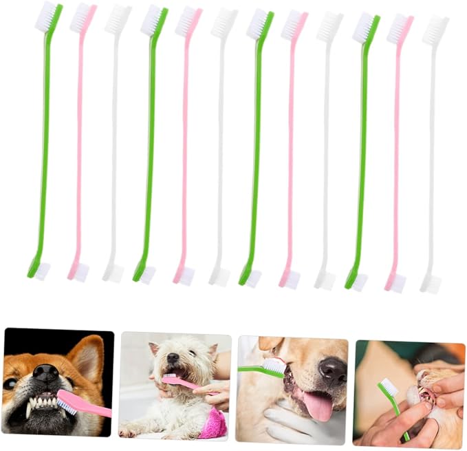 POPETPOP 12Pcs Dual Head Pet Toothbrush Handheld Dog Oral Cleaning Brushes with Soft Bristles for Gentle Care Non Slip Handle for Comfortable Use for Daily Pet