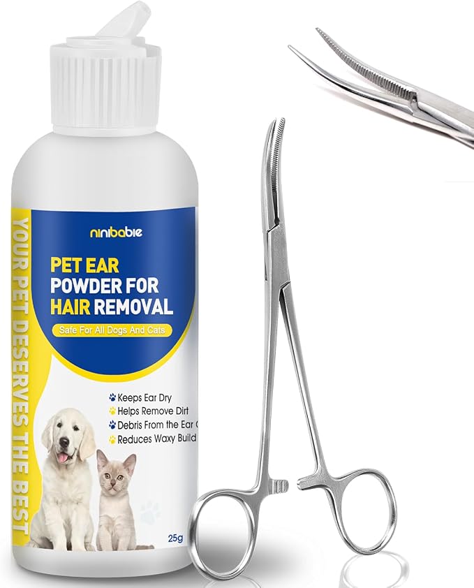 Dog Ear Hair Removal Tool with Ear Powder & 5.5" Curved Forceps