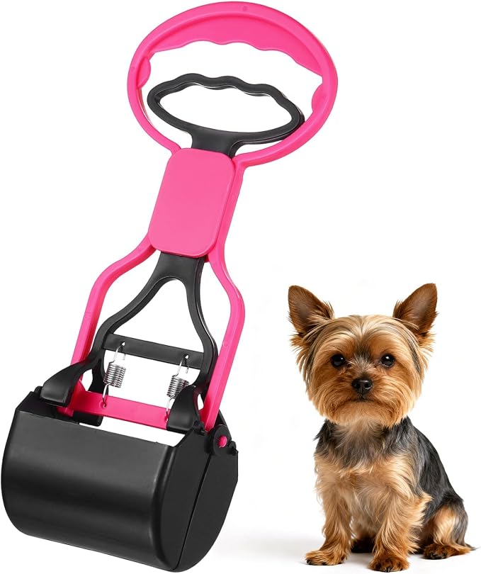 Poop Scooper, 11" Long Handle No Touch Dog Poop Scooper Grabber Non-Breakable Spring Pick Up Tool Shovel, (Pink), Intended for Dogs Waste in Lawns/Grass/Dirt/Gravel