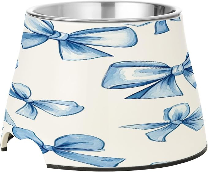 YETTASBIN Blue Bow Elevated Dog Bowls, Prevention of Vertebrae Disease Raised Dog & Cat Bowl Stand with Removable Stainless Steel Bowls, Non-Slip Spill-Proof Pet Food & Water Bowl Dish