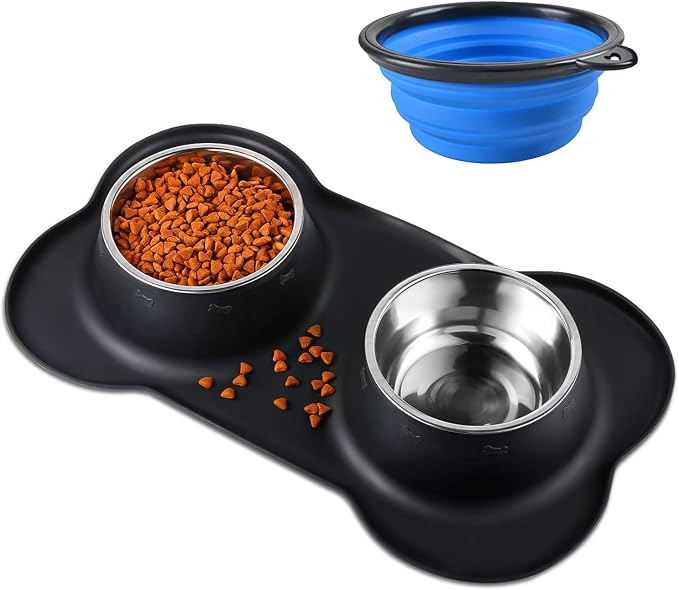 Double Dog Food Bowls Stainless Steel & Water Dish with No-Spill and Non-Slip Silicone Mat, Removable Puppy Feeder Bowls for Small Medium Size Cat Dogs Kitten,14oz