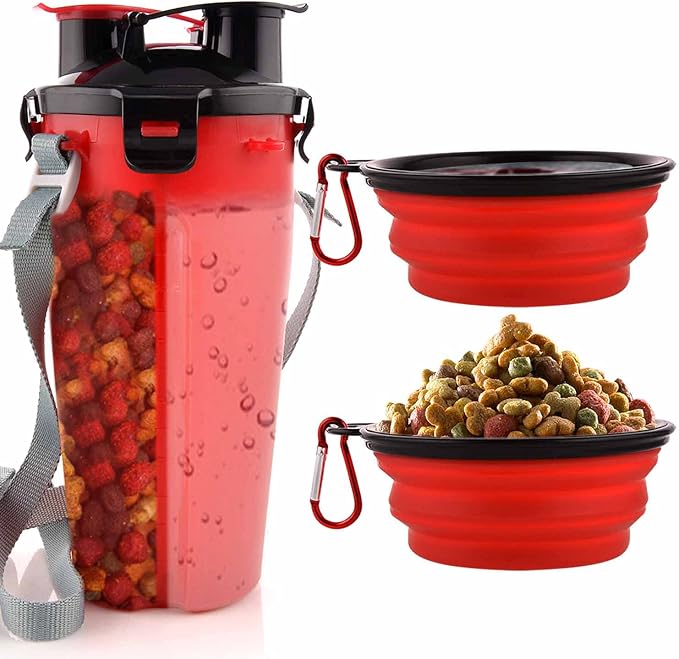 Dog Travel Water Bottle, 2-in-1 with Collapsible Bowl, Red
