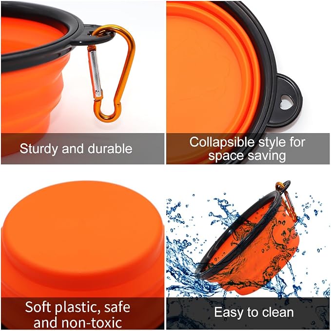 SLSON Collapsible Dog Bowls, 2 Pack, with Carabiners, Small, Orange+Pink
