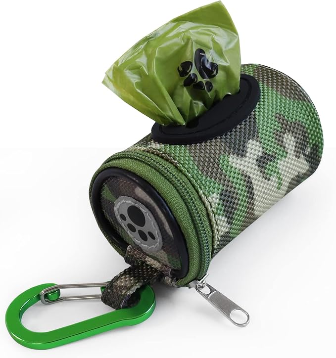 FURHAB Dog Poop Bag Holder for Leash Doggie Waste Bag Dispenser Puppy Potty Carrier Small Doggy Zipper Pouch with Carabiner Clip 1680D Nylon Oxford with 1 Roll of Pet Trash Bags, Woodland Camo