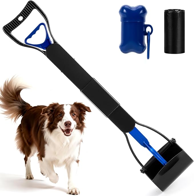 28" Pooper Scooper with Bags & Dispenser Attachment, Long Handle Dog Poop Scooper for Large/Small Dogs, High Strength Spring No-Bend Poop Scoop, Foldable Poop Picker Upper for Grass/Gravel Pick Up