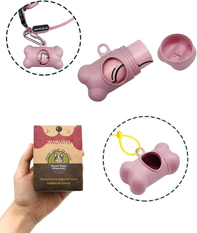 Dog Poop Pickup Bags Holder Dispenser with 1 Roll Random Color Leak-proof Scented Doggy Waste Bags and Carabiner with Safety Lock Plus Hook and Loop Fastener Never Loose on Leash Lead Again (Pink)