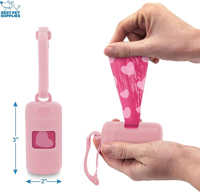 Best Pet Supplies Dog Poop Bag Holder Leash Attachment with 30 Bags, Reusable Dispenser for Travel, Walking, Park, and Outdoor Use, Durable with Clip-On - Pink, Pack of 2