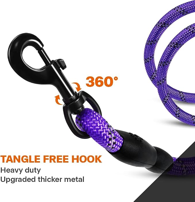 Taglory Rope Dog Leash for Medium Large Dogs, 4 FT Padded Handle, Purple | Climbing Rope for Strong Pullers, Reflective for Night Walks and Training, Comfortable Grip, Anti-tangle Swivel Clip 1/2 inch