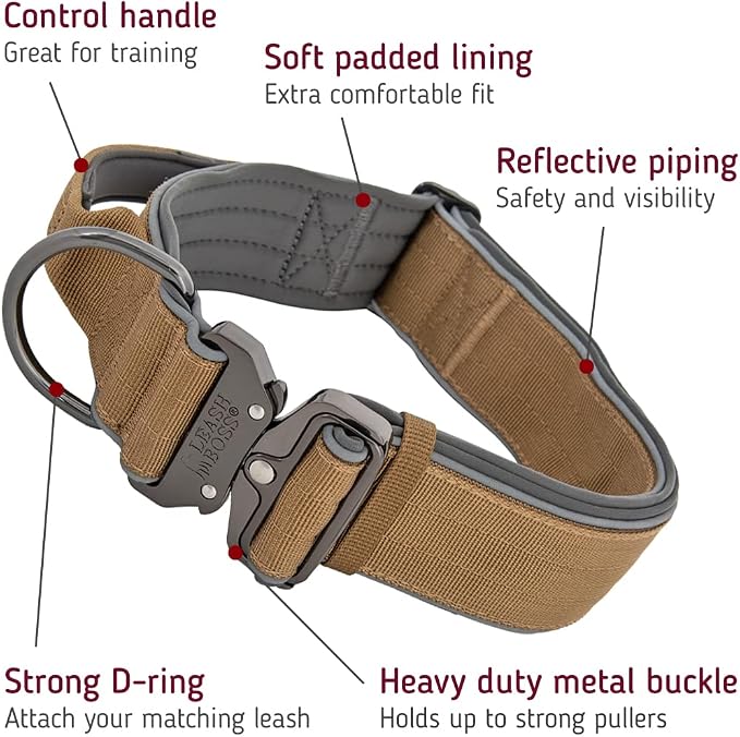 Leash Boss Tactical Dog Collar - Dog Collar with Handle Heavy-Duty Adjustable Military K9 Collar with Quick Release Buckle and Handle - for Training