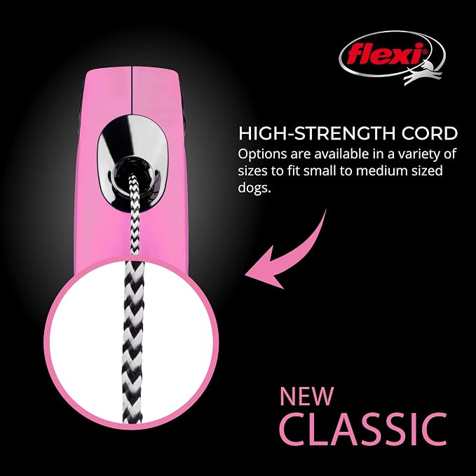 FLEXI® Classic XS Cord Retractable Dog Leash, 3-Finger Grip, 10 ft - Pink | German engineered, Pocket-Size original flexi leash, durable quality for dogs up to 18 lbs, tangle-free,reliable brake system