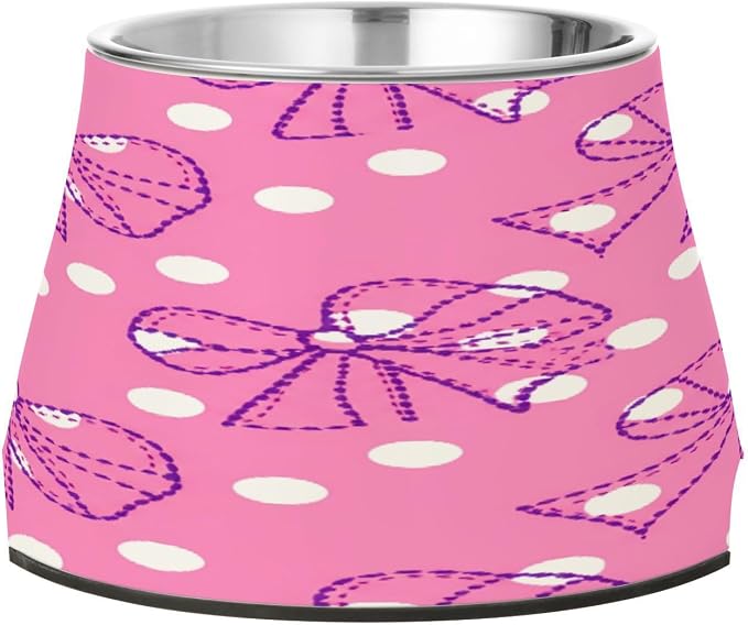 Blueangle Elevated Dog Bowls with Stainless Steel - Non-Slip 2.3 Cup High Capacity Pet Dish for Spinal Health & Dots Bows Design（385）