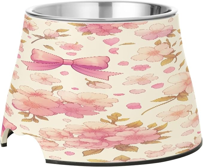 Blueangle Elevated Dog Bowls with Stainless Steel - Non-Slip 2.3 Cup High Capacity Pet Dish for Spinal Health & Cherry with Bow Design（8）