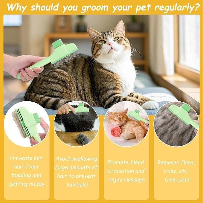 Pet Hair Removal Comb with Release Button for Cats and Dogs, Stainless Steel, Orange