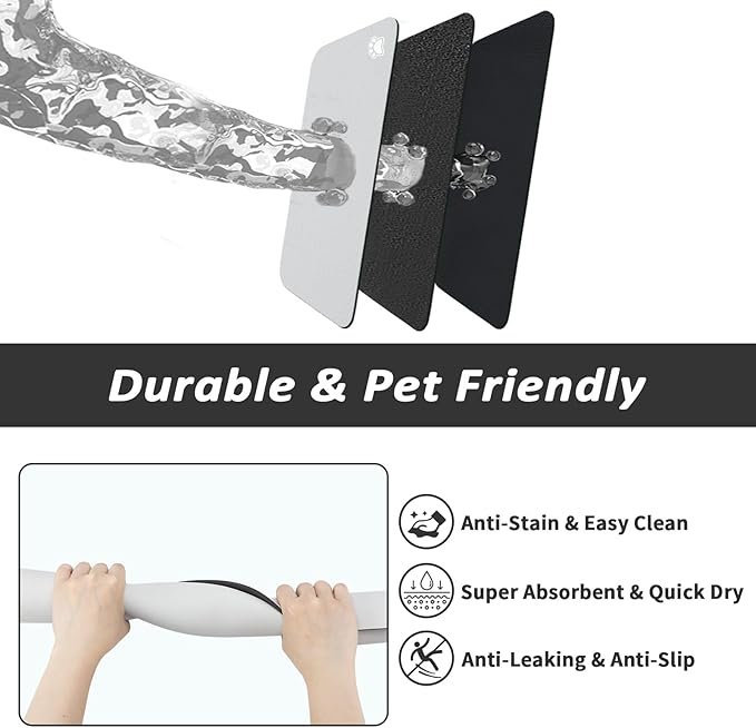 HotLive Dog Food Mat - Absorbent Cat Mat for Food and Water, No Stains Pet Feeding Bowl Mat, Easy to Clean Pet Placemats, Quick Dry Dog Water Dispenser Mat for Messy Drinkers | Paw Light Grey 16"x 24"