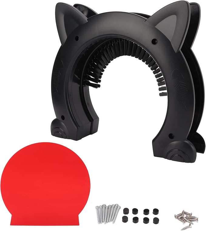 Cat Door Interior Door with Grooming Brush,Cat Brush for Long or Semi Short Haired for Shedding Removing Loose Fur and Massage (Black)