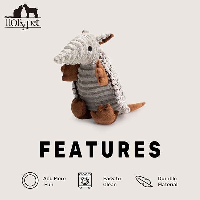 Hollypet Armadillo Squeaky Puppy Dog Toys for Small Medium Dogs, 8" | plush stuffed small dog squeak animal toy with unique grunt squeaker textured fabric for teeth cleaning toys