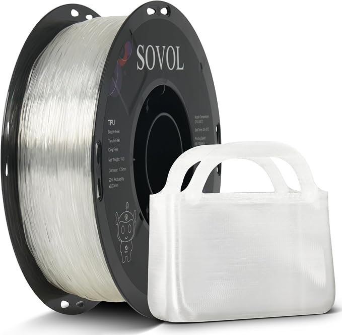 Sovol TPU Filament 1.75mm, 95A Soft TPU Flexible 3D Printer Filament with High Elasticity, 1kg (2.2lbs), Dimensional Accuracy +/- 0.03 mm, Fit Most FDM Printer, Clear