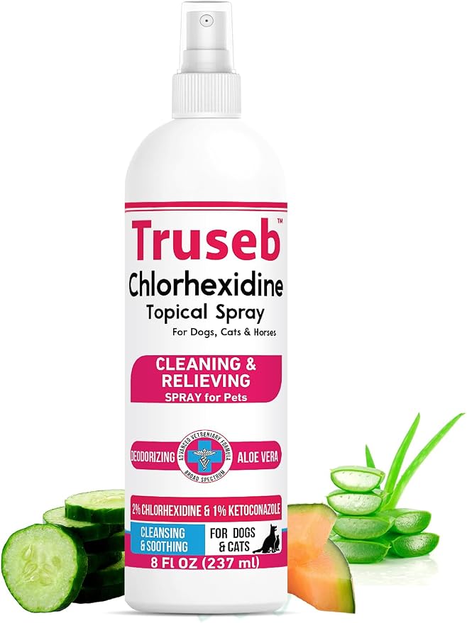 Truseb Advanced Strength Medicated Chlorhexidine for Dogs Cats Horses Skin Spray with Aloe Vera - Medicated Ketoconazole Spray for Skin Irritation, Hot Spots, Redne (Medicated Ketoconazole Spray, 8oz)