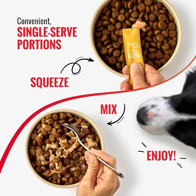 Good 'n' Tasty Triple Flavor Puree Mix-Ins Dog Food Topper Treats for All Dogs, 7 Count, Easy Single-Serve Portions, Added Protein with Chicken, Salmon and Duck (Pack of 2)