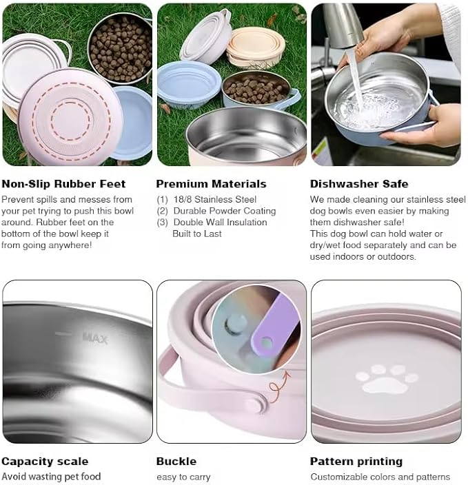 3-in-1 Travel Dog Bowl Set – 30 OZ Stainless Steel + 20 OZ Collapsible Water Bowl Lid | BPA-Free, Anti-Slip, Portable Dog Bowl w/Handle/Poop Bag Holder with Carabiner | Pink Bowls