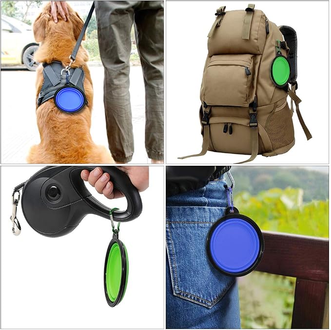 Dog Bowl Collapsible, 2 Pack, with Carabiners, Small, Blue+Green