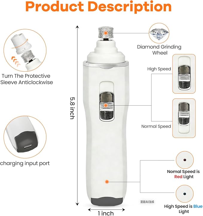 Tife Dog Nail Grinder,2 Speed Electric Rechargeable Dog Nail Trimmer,Quiet and Low-Vibration Pet Nail Grinder,Painless Dog&Cat Grooming Supplies for Large Medium Small Pets