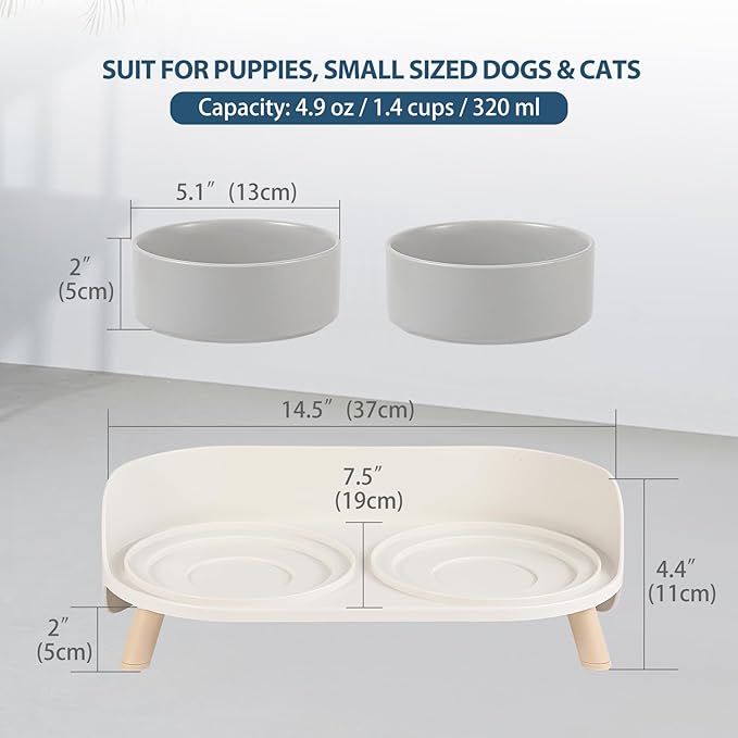 Raised Cat Food and Water Bowl Set - Elevated Ceramic Dishes with Non-Slip Stand and Splash Guard for Small Dogs - 2 x 320 ML (4.9 OZ) - Grey