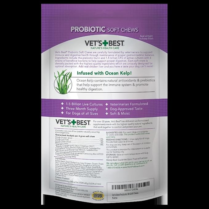 Vet's Best Probiotic Soft Chews for Dogs, Digestive Aid, 90 Day Supply