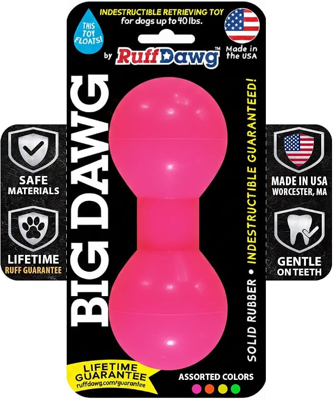 Ruff Dawg Big Dawg Barbell Medium Pink – Heavy-Duty Solid Rubber Dog Chew Toy for Small to Medium Dogs Under 40 lbs – Floats & Bounces – Made in USA