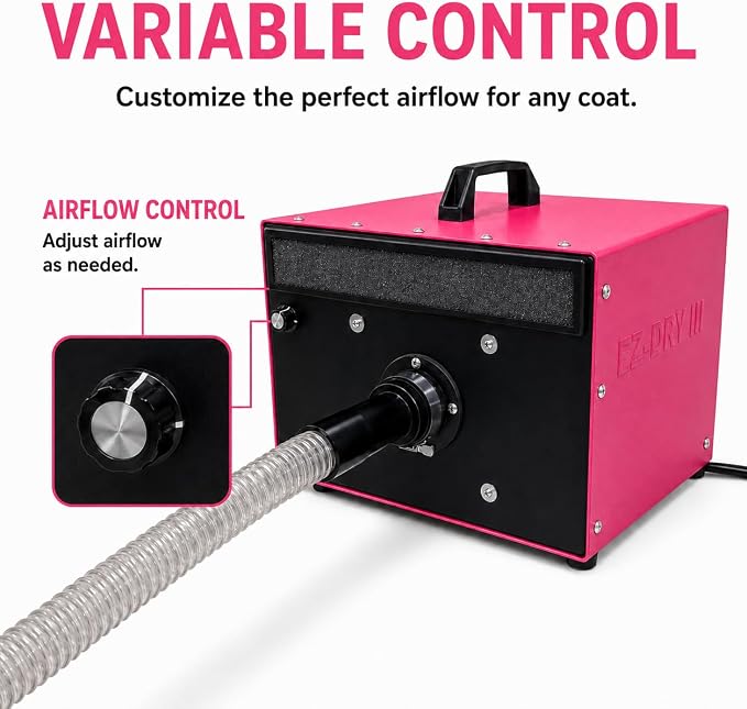 EZ-Groom EZ-Dry III High Velocity Dog Blow Dryer, Dual Motor, Pink | Variable Speed for Professional Pet Grooming, Lightweight, Quiet, 9ft Heat-Resistant Hose, Air Concentrator, Water Peeler