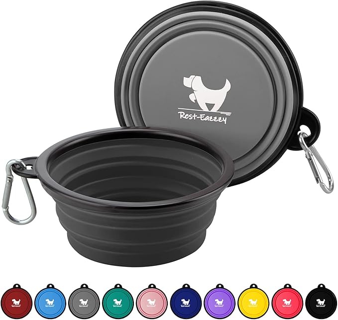 Collapsible Dog Bowls, 2 Pack, with Carabiners, Grey & Black, Small
