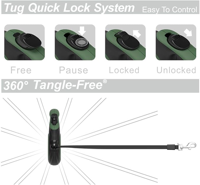 TUG Original Retractable Dog Leash, 16 ft (Large, Green) | 360° Tangle-Free Retraction, 16 ft Tape, Quick Thumb Lock, Anti-Slip Handle, For Dogs Under 110 lbs