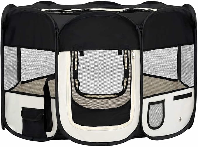 Foldable Dog Playpen with Carrying Bag, 43.3x43.3x22.8 Inches, Black Steel Frame for Indoor Outdoor Use