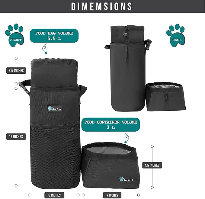 PetAmi Travel Dog Food Bag with 2 Collapsible Bowls, Black & Grey