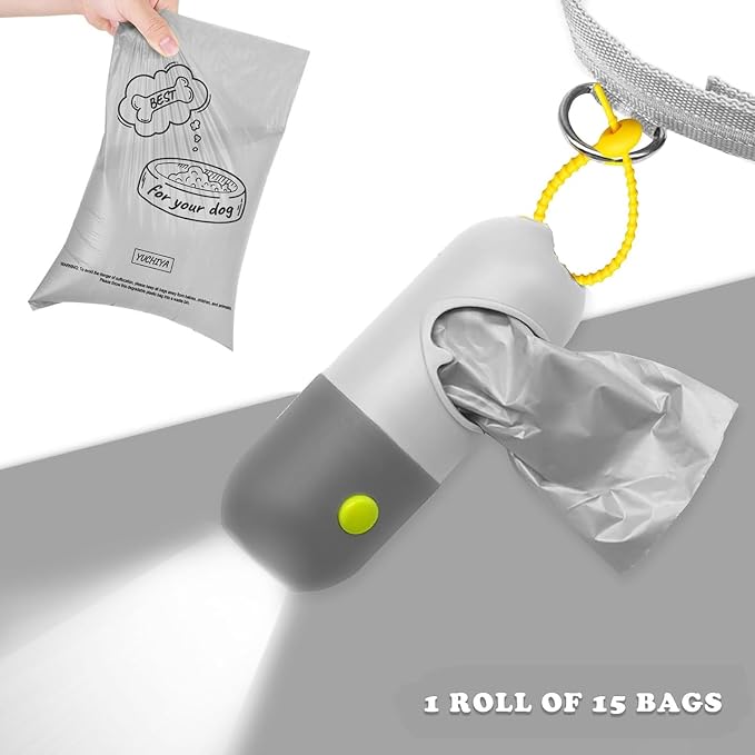 Dog Poop Bag Holder with LED Flashlight for Night Walks,Silicone Tether & Dachshund Pattern Clip for Used Bags,Hands-Free Metal Leash Carabiner,15 Scented Waste Bags(Light Grey)