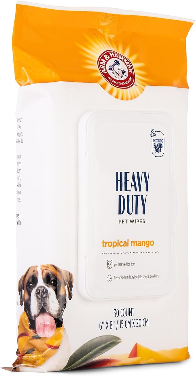 Arm and Hammer for Pets Heavy Duty Multipurpose Dog Bath Wipes, Mango Scent, Travel Size - All Purpose Wipes that Remove Odor and Refresh Dog Coat Between Baths, 30 Count - 6 Pack