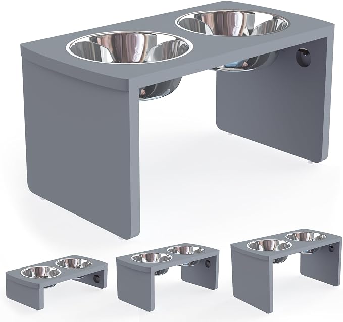 Elevated Dog Bowls, Bamboo Raised Dog Bowl for Large Dogs & Medium Dogs, with 2 Stainless Steel Bowls (10'' Tall–48 oz Bowl, Grey)