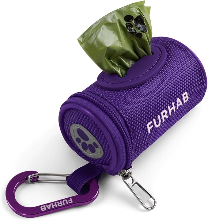 FURHAB Dog Poop Bag Holder for Leash Doggie Waste Bag Dispenser Soft Fabric Puppy Potty Carrier Small Doggy Zipper Pouch with Carabiner Clip 1680D Nylon Oxford with 1 Roll of Pet Trash Bags, Purple