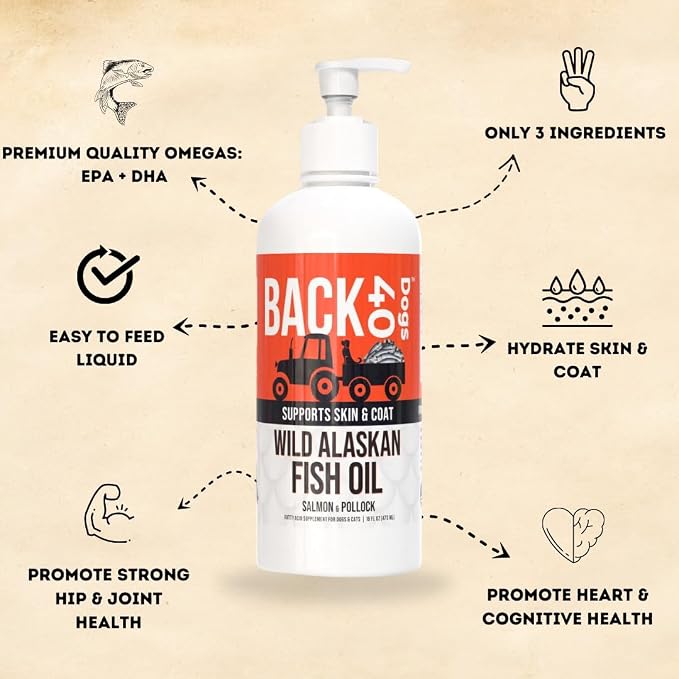 BACK 40 Dogs Wild Alaskan Fish Oil for Dogs, Skin and Coat Supplement for Dogs & Cats, Omega-3-Rich Salmon and Pollock Oil, EPA & DHA Dog Salmon Oil for Brain, Heart, and Joints 16 fl oz (473 ml)