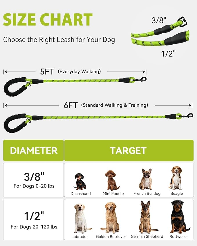 Joytale Rope Dog Leash for Small Dogs, Padded Handle, 6FT, Green | Reinforced Nylon Webbing, Comfort Grip Eases Hand Strain, Swivel Clip Prevents Tangles, Visible at Night, for Outdoor Walks