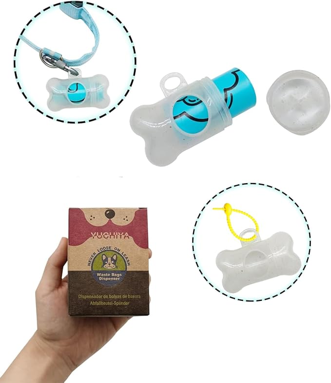 YUCHIYA Dog Poop Pickup Bags Holder Dispenser with Scented Doggy Waste Bags and Carabiner with Safety Lock Plus Hook and Loop Fastener Never Loose on Leash Lead Again (1 Holder 15 Bags, Clear)