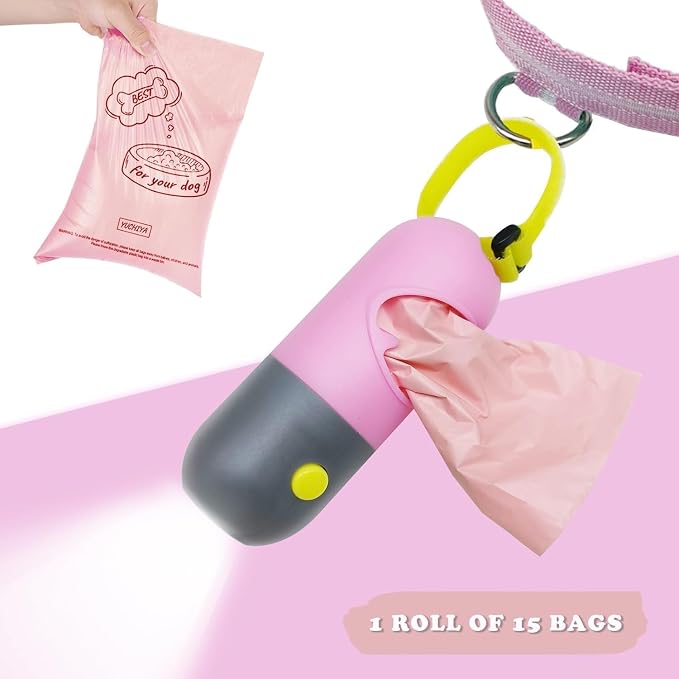 Dog Poop Bags Holder with LED Flashlight|Pet Waste Bags Dispenser for Leash|Doggie Potty Bags Container with Leak-proof Pet Trash Bags and Accessories (1 Holder 15 Bags, Pink)